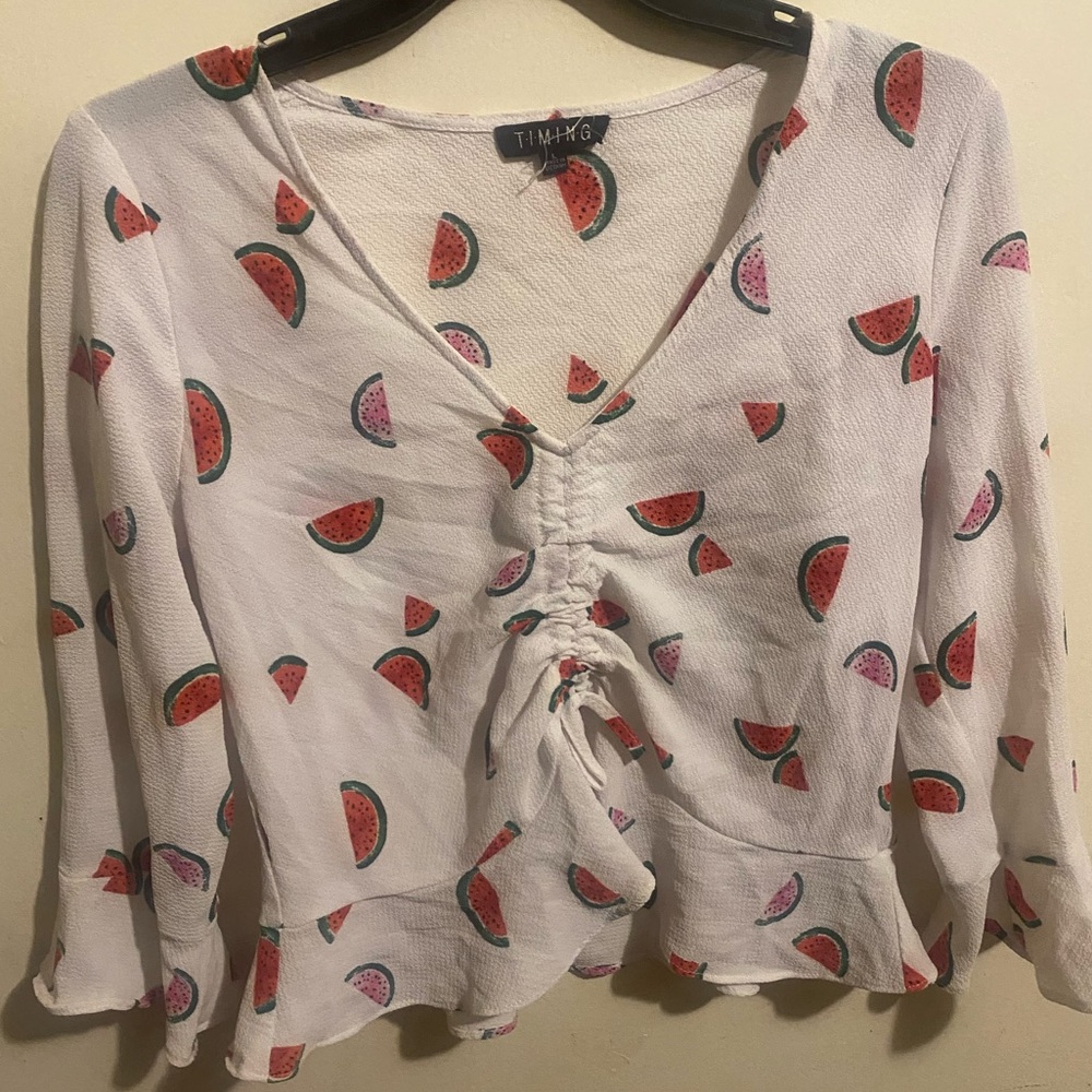 Watermelon Print Flare Sleeve Crop Blouse